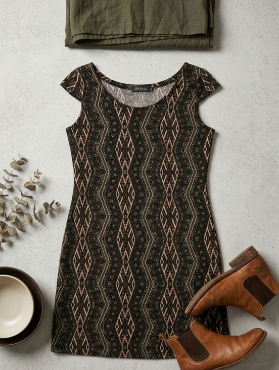 Jolie Dresses & Skirts - Joli Clothes XL Black Brown Geometric Tribal Knit Cap Sleeve Mini Shift Dress